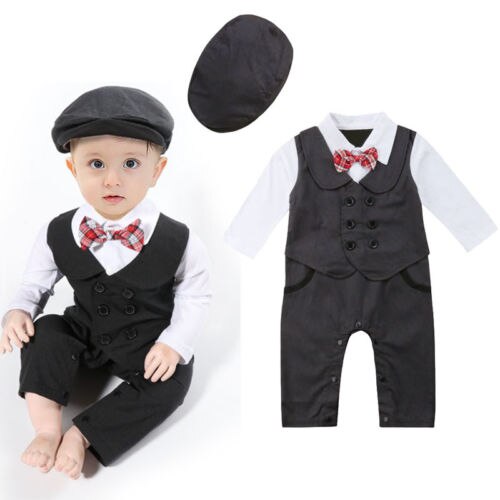Neugeborenen Baby Jungen Gentleman lange ärmeln Romper krawatte Ein Stück Overall Overall hut Kleidung Outfits elegante