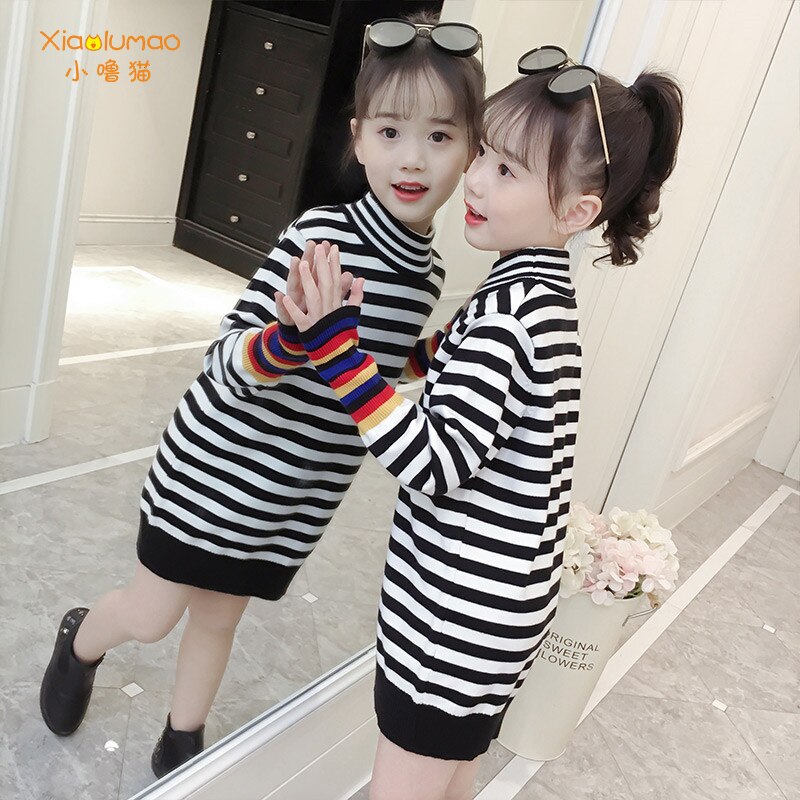 Meisjes coltrui jurk kinderen gestreepte trui jurken regenboog trui jurk voor 5-8t meisjes kinderen warme kleding met lange mouwen