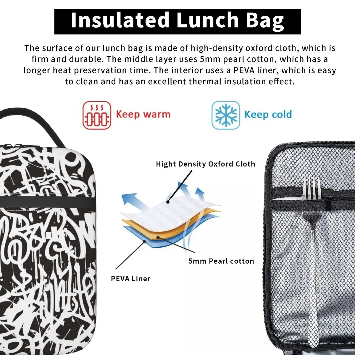 Lunch Bag Abstract Graffiti Convenient Lunch Box For Women Black And White Office Cooler Bag Oxford Thermal Lunch Bags