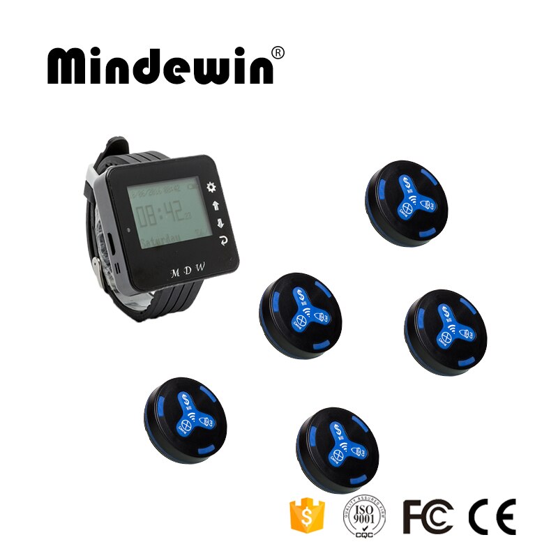 Mindewin 433MHz Wireless Calling System 5pcs Call Transmitter Button + 1pc Watch Receiver for Hospital Hotel Paging System