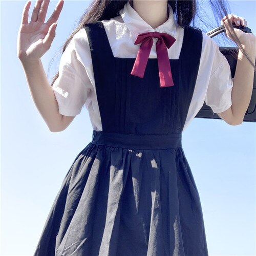 japanese style CollegeStudents High-Waisted Long Suspender Dress Female Summer school uniform jk uniform uniformes estudiantes: Shirt and  tie