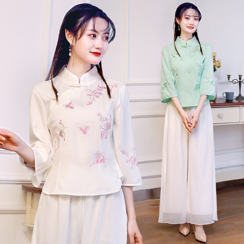 Retro koszula wyszywana w stylu chińskim kobiety lato nowy Hanfu chiny Top Cheongsam tradycyjny strój Tang bluzki Femme 2022