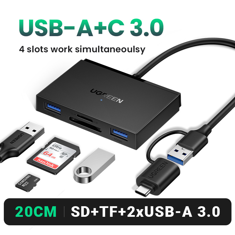 UGREEN Card Reader 4-in-1 USB3.0 USB-C OTG to SD CF Micro SD TF MS Card Adapter for Laptop PC Windows macOS Memory Card Adapter: Pink