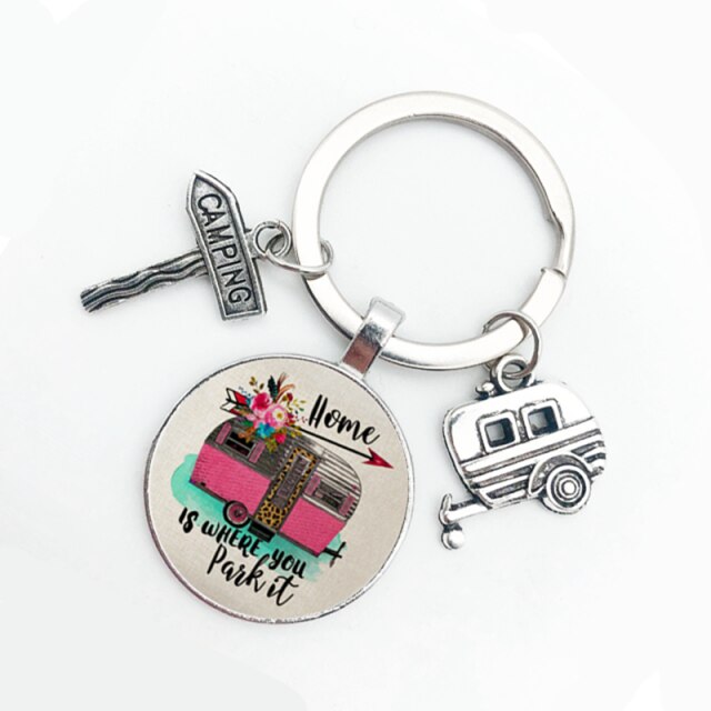 Cute Camper Wagon Keychain, I Love Camping Keychain, Trailer Signpost Keychain, Vacation Travel Memorial: 10