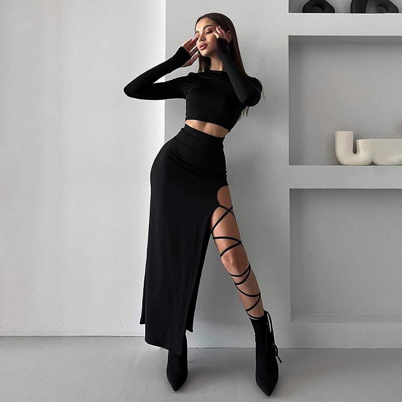 CUTENOVA – pull à manches longues, haut court Simple, taille élastique, col licou, fente haute, sans jambes, cravate Sexy, couleur unie, demi-jupe