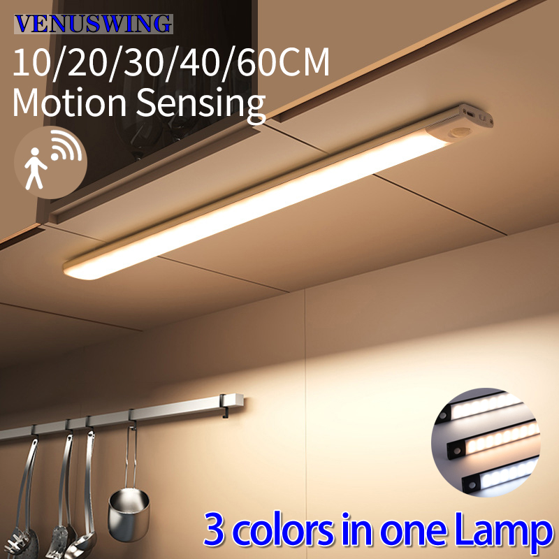 Lumière d'armoire Led avec capteur de mouvement, Rechargeable par USB, trois couleurs dans une lampe pour cuisine, garde-robe, éclairage intérieur 10/20/30/40/60cm