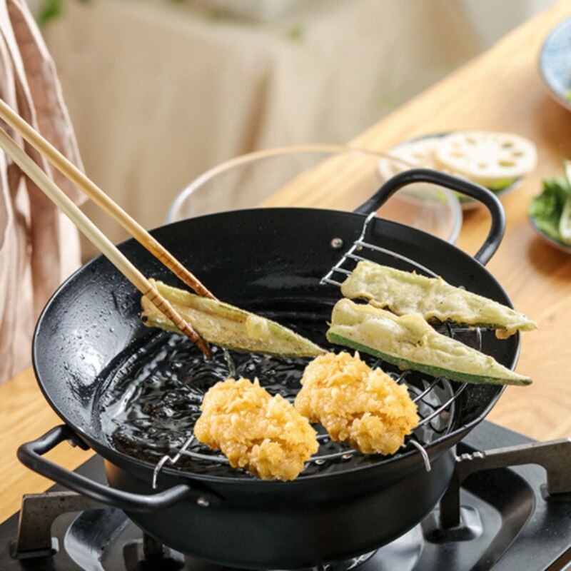 Easy Pour Non Stick Coating Tempura Fryer Pot with Oil Drip Drainer Rack Made in Japan Mini Deep Fry Pan