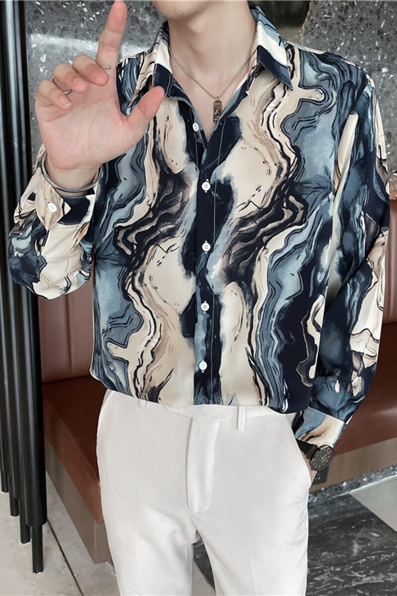 Camisas holgadas con estampado de arte a rayas para hombre, camisa informal de manga larga, ropa de calle de gran tamaño, blusa de esmoquin para Social, 2022