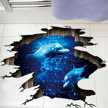 3D Dark Blue Dream Dolphin Floor Sticker Bathroom Living Room Floor Decoration Mural Wall Stickers Home Decor Decals Wallpaper