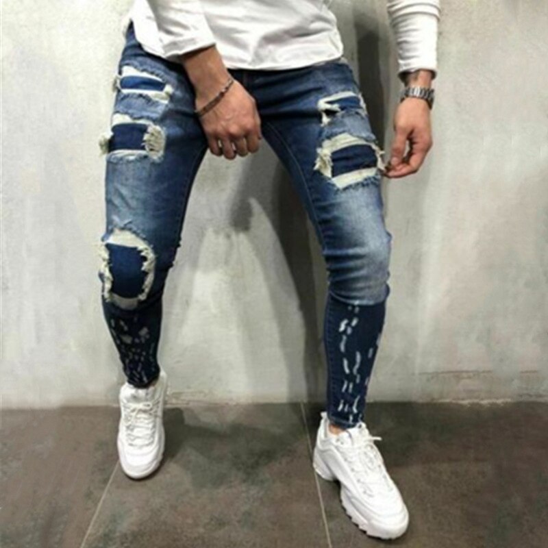 Blå stretch denim patch huller revet skinny jeans mænd slim fit streetwear flosset hip hop distressed jeans bukser: 36