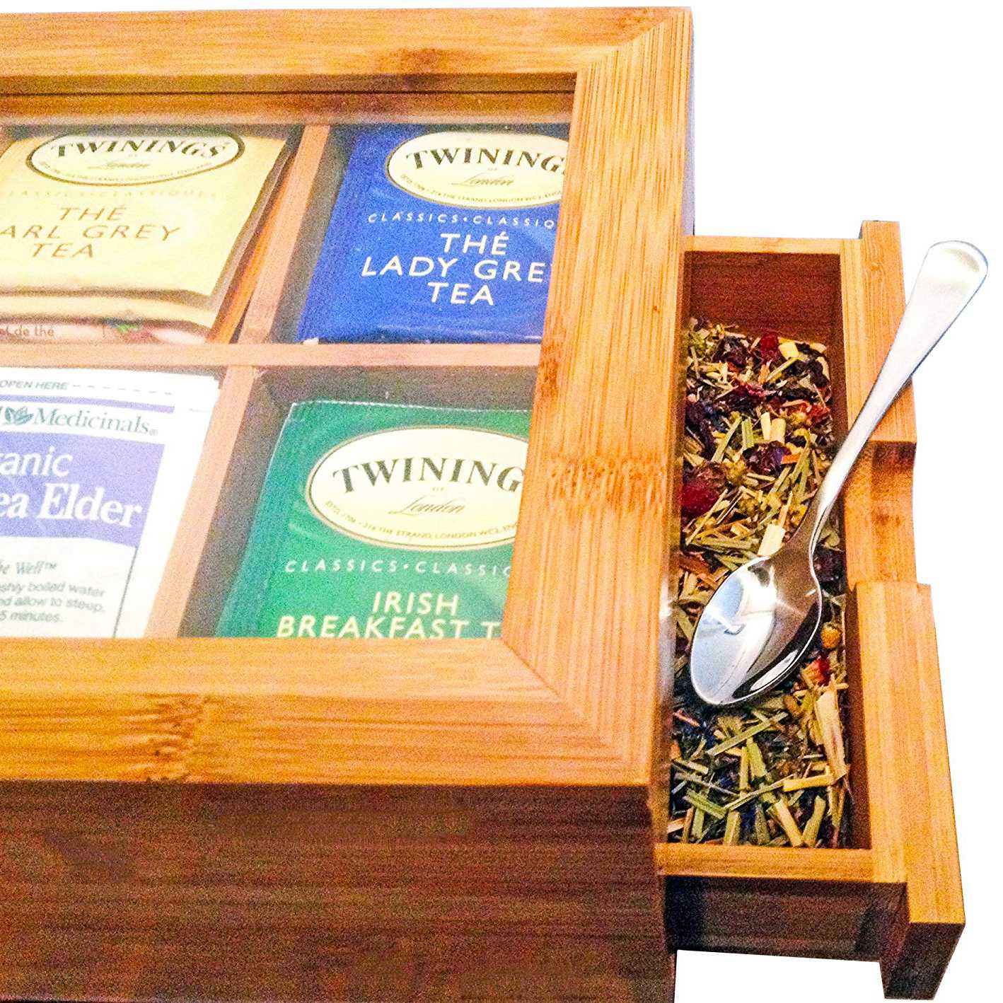 Caja de té, cofre Natural con tapa transparente con bisagras, 8 secciones de almacenamiento con cajón expandible