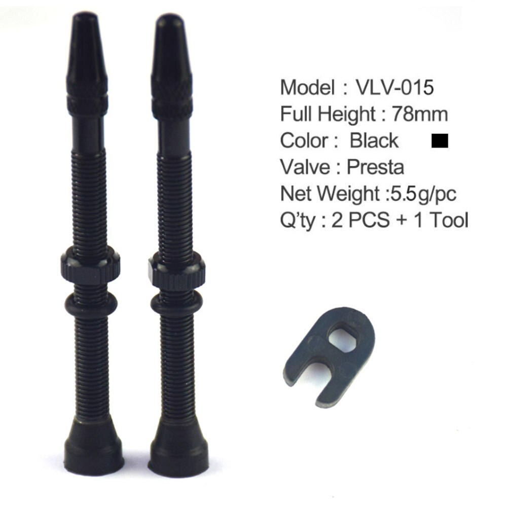 2 Pcs/set Mountain bike road bike tubeless vacuum valve presta 48/60/78mm nozzle aluminum alloy bicycle tire accessories: Black 78mm