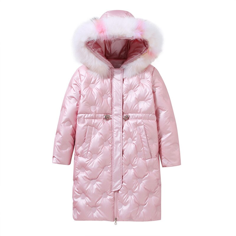 bright color thick down jacket winter jackets girls russian winter coats two-way zipper love embroidery pattern super fur collar