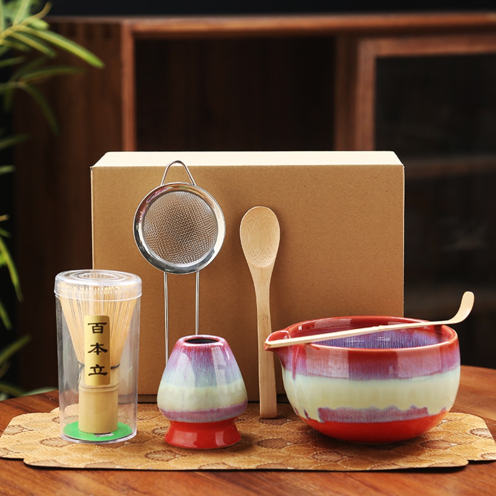 6PCS Ceramic Bamboo Japanese Matcha Tea Set Matcha Whisk Holder Reusable Matcha Whisk Set Matcha Bowl Whisk Teaspoon Tea Sets: Clear
