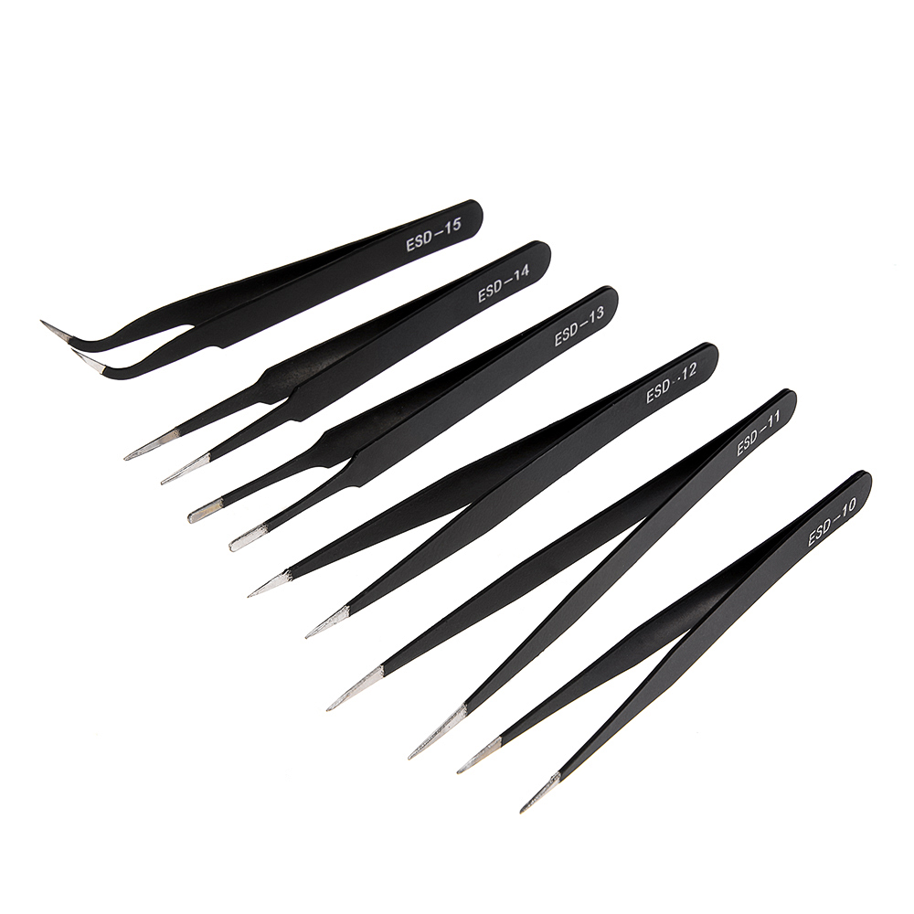 Juego de pinzas de precisión ESD, herramientas de reparación de pinzas antiestáticas de acero inoxidable para reparación electrónica, herramientas artesanales de soldadura, 6 uds.