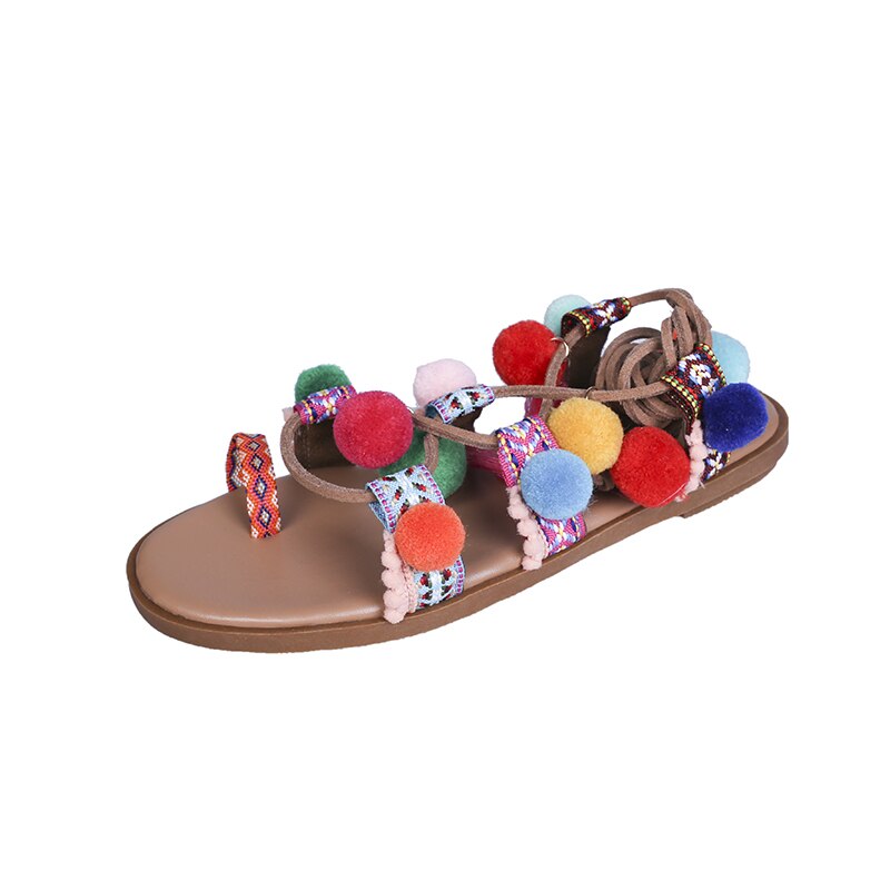 Summer Bohemian Lace-up Sandals Women Style Sweet Colour Fuzzy Ball Flat Cross-tied Shoes Mixed Colors Ankle-strap Sandals: 37