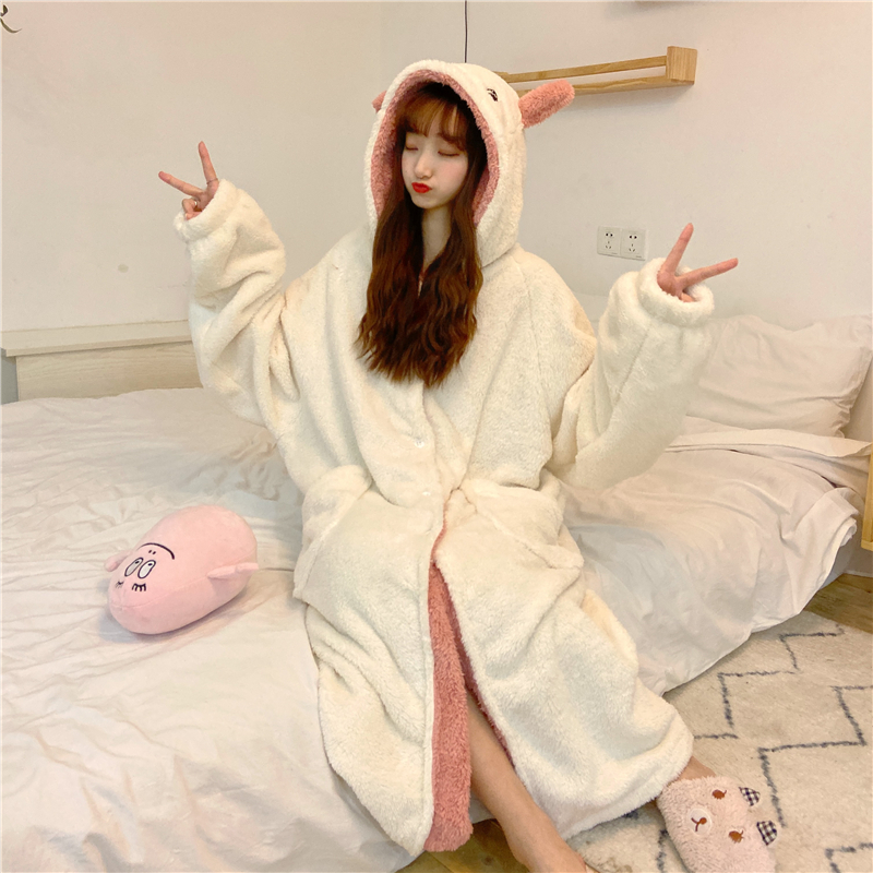 Pijamas con orejas de dibujos animados para mujer, ropa de dormir con capucha de lana de Coral, bonita y cálida para el hogar, Otoño e Invierno