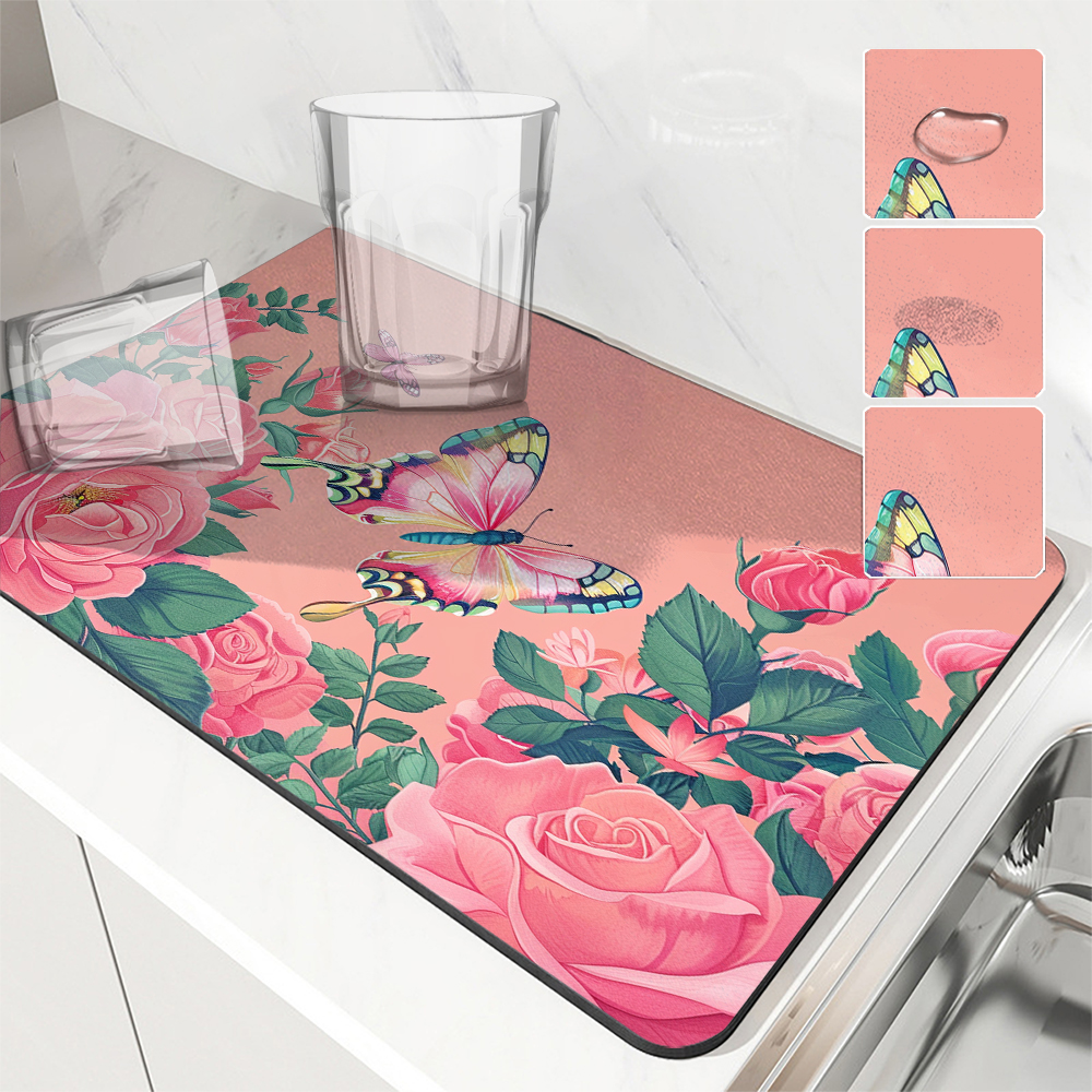 Große Küche Saugfähige matt Blumen Rosen Rutschfeste Ablassen Kaffee Erzähler Trocknen matt Schnelle Badezimmer Ablauf Pad Geschirr matt: S / Grün