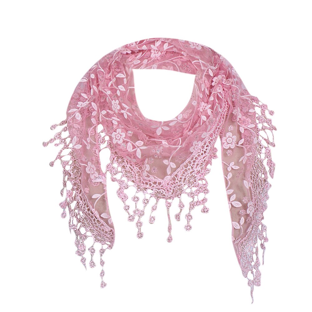 Women Lace Solid Color Scarf Lady Sheer Floral Scarf Shawl Wrap Tassel Scarf Panuelos De Mujer Para El Cuello Femme #T1P: Pink