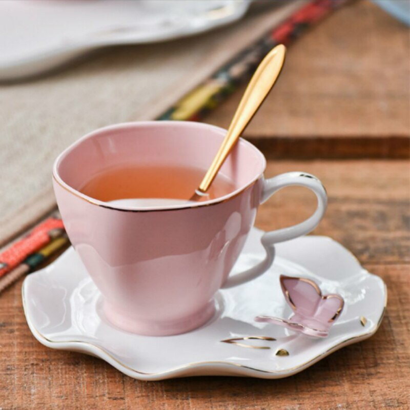 Juego de taza y platillo de café con forma de mariposa para el hogar, juego de tazas de té de la tarde en inglés, 200ml, ,: Pink