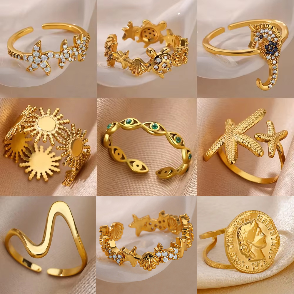 Delicado anillo de circón con concha de estrella de mar, tortuga, mal de ojo, anillo de acero inoxidable para mujer, abalorio dorado antidecoloración, accesorios de joyería,