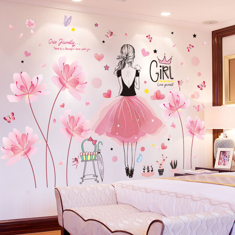[shijuekongjian] roze bloemen muurstickers diy cartoon meisjes muurstickers voor kinderkamers babykamer huisdecoratie