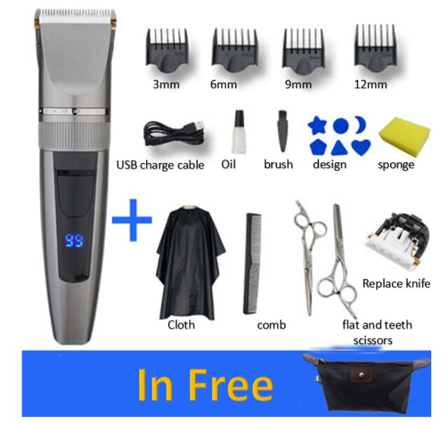 Hair Clipper Electric Trimmer With LED Screen Washable Rechargeable Men Strong Power Steel Cutter Head: Blue