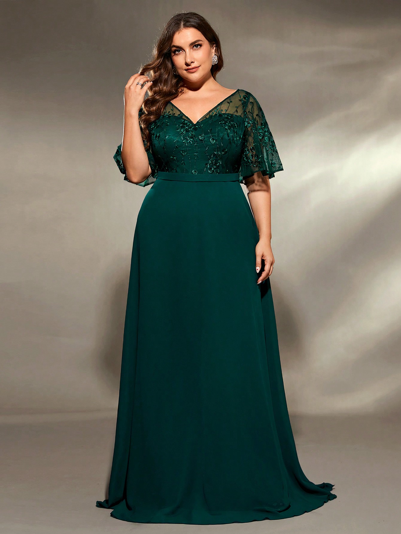 Mgiacy de talla grande con cuello en V, manga trompeta transparente, falda completa de gasa bordada, vestido de noche, vestido de: 0XL
