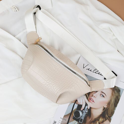 Retro Snoep Kleur Krokodil Patroon Taille Tas Modeketen Banaan Riem Tas Vrouwen Taille Verpakking Pu Leer borst Zak: beige