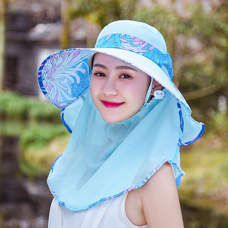 Ymsaid Chiffon Flowers Big Eaves summer hats for women Foldable Covered Face Neck Cycling Anti Uv Sun Hat