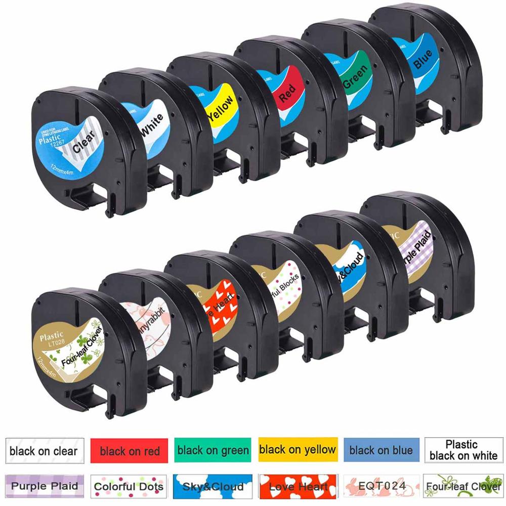 12Pcs Label Tape - 12mm - Plastic & Paper - For Dymo Letratag LT-100H Label Maker: Set E