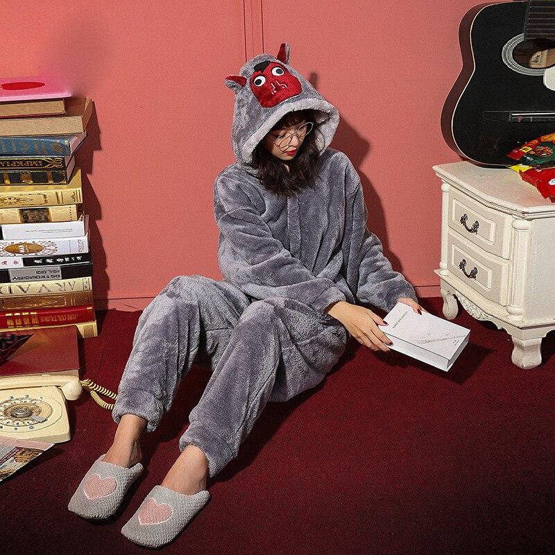 Koppels Pyjama Jumpsuits Vrouwen Mannen Winter Dikker Dier Paard Nachtkleding Pyjama Homewear Soft Warm Pijamas Onesie Plus Size: WOMEN / M