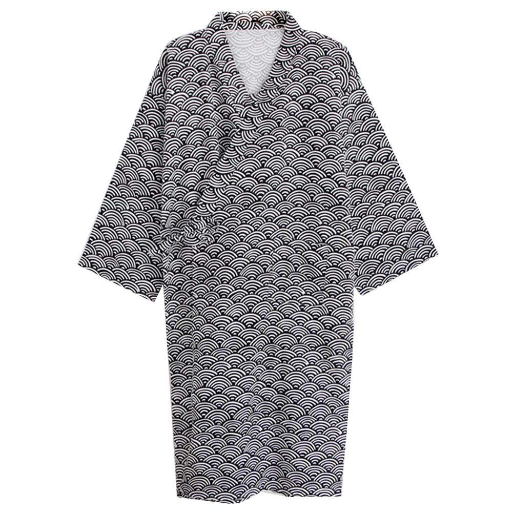 Men Printing Kimono Robe Sleepwear Nightgown Loose Mid Length Bathrobe