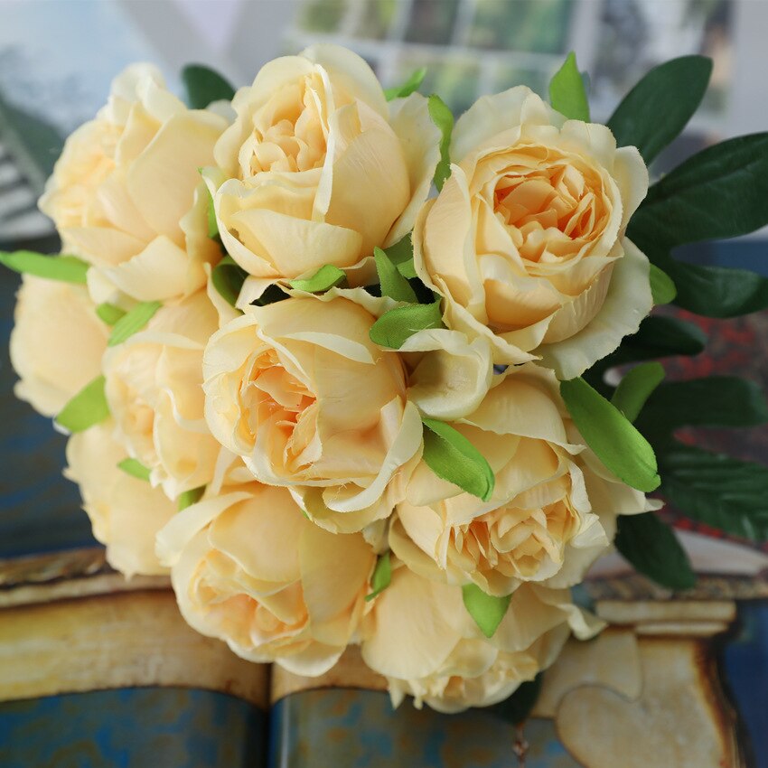10 Heads Silk Roses Bundle Artificial Roses Flower Bridal Bouquet for Wedding Decor Year Home Table Wall Flores Artificiales: Yellow