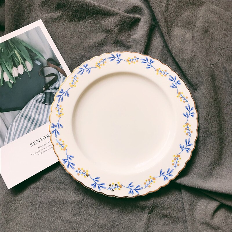 1 st servis målning guldinlägg vintage färgglad blommig 8 tums keramisk tallrik middag porslinstårta snack dessert tallrik: Blå blommor