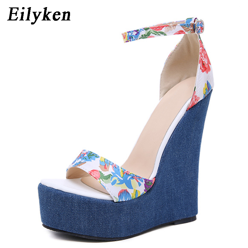 Eilyken Print Denim Sandalen Romeinse Sandalen Wiggen Hoge Hakken Peep-Toe Platform Schoenen Vrouw