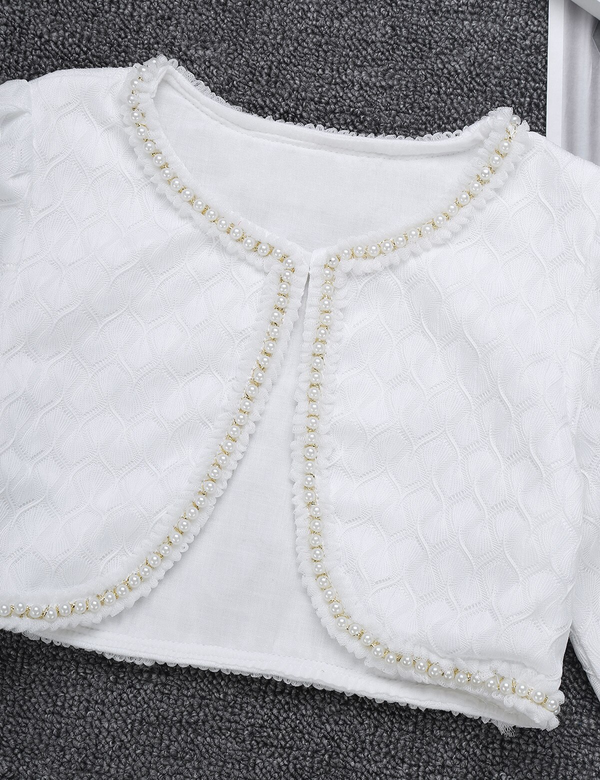 Weiß freundlicher Mädchen Hochzeit Jacke Perlen Eine Geschmack Verschluss Bolero zucken Strickjacke oben Kurze Jacke für Festzug Formale Partei wickeln