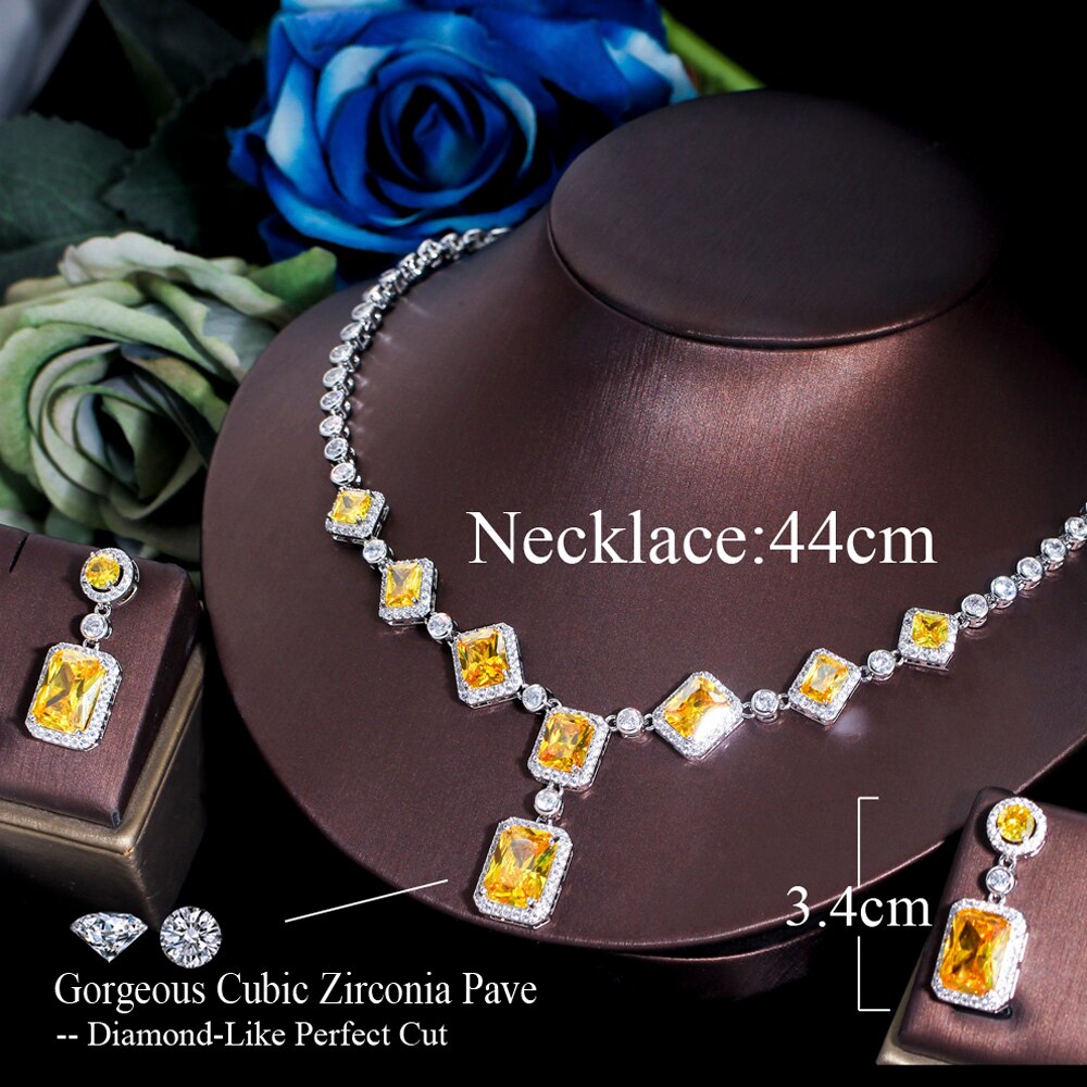 Threegraces Elegante Geel Zirconia Geometrische Plein Oorbellen Ketting Bruids Bruiloft Sieraden Set Voor Vrouwen TZ694