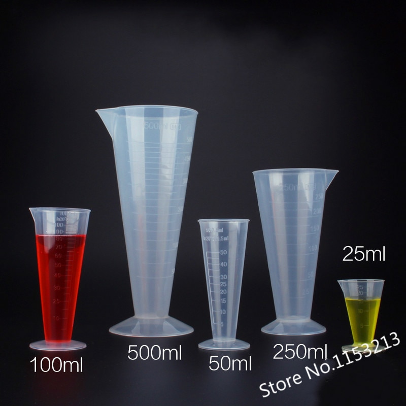 5 stks/partij 25 ml/50 ml/100 ml/250 ml/500 ml elk een transparante plastic kegel maatbekers Clear Afgestudeerd Laboratorium Meten ware