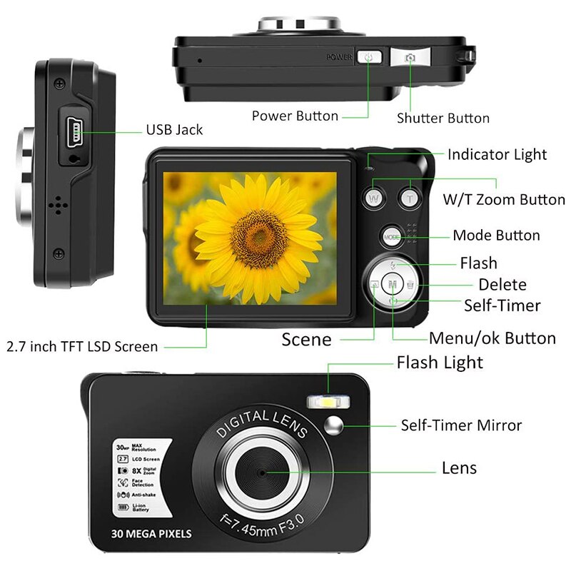 Câmera digital 2.7-Polegada lcd recarregável hd bolso câmera, 300,000 pixels, com zoom 8x, adequado para adultos, crianças