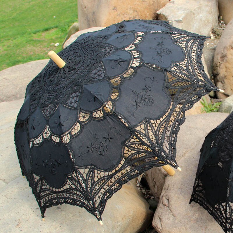 Forest Wedding Party Decoration Bride Photo Shoot Prop Handmade Battenburg Lace Parasol Bride Party Sun Umbrella: Black