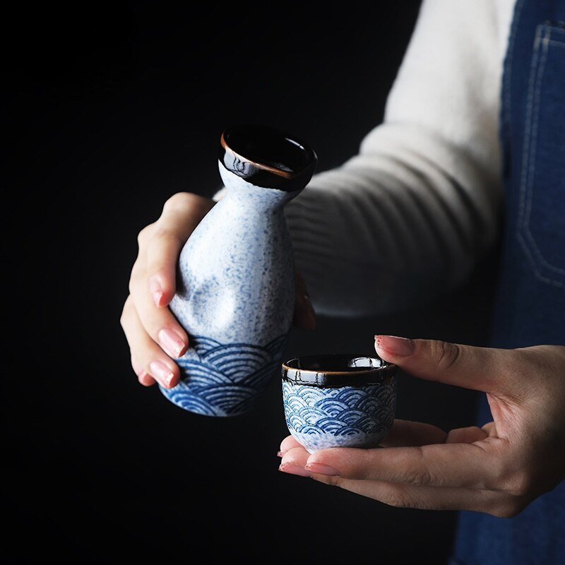 Household Sake Wineware Sea Ripple Ceramic Sake Cup Dispenser Liquor Cup Japanese Sake Shochu Kettle Set