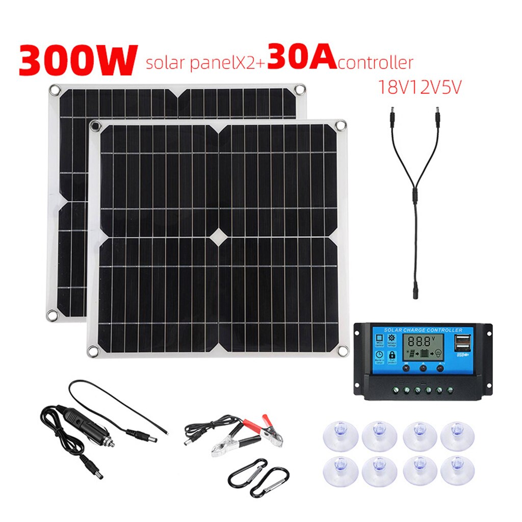 300W Solar Panel Kit 2 in 1 18V Battery Charger Maintainer for Car RV Vehicle Marine Boat Solar Charge Controller