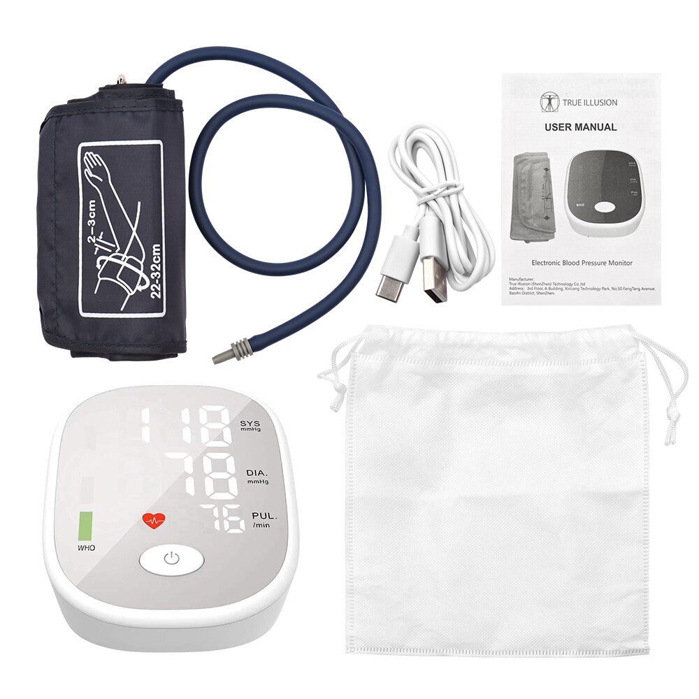 Arm Blood Pressure Monitor Blood Pressure &amp; Pulse Tester BP Cuff Monitor Large Display Voice Broadcast Pulse Rate Machine: white