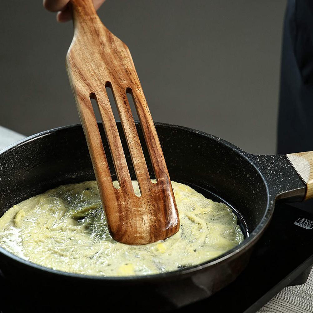 Wooden Cooking Utensils Slotted Spurtle Spatula Sets Non Stick Kitchen Tableware Non Stick Natural Teak Wood Cookware Set