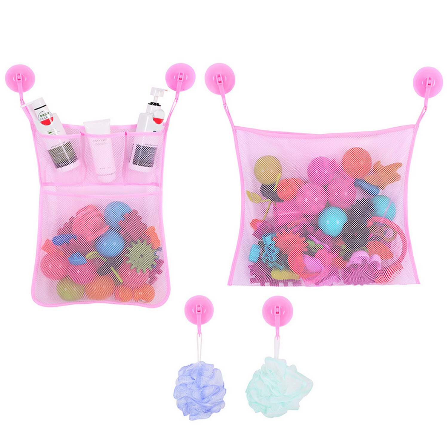 Behogar 2cps siatka łazienka uchwyt na zabawki organizator kąpieli wanna kuchnia wiszące przechowywania torba siatkowa prysznic Cubby z 6 sztuk przyssawki: różowy