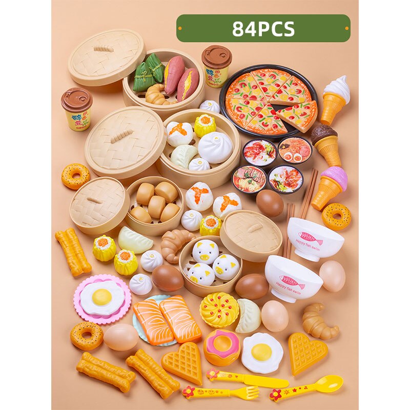 Simulation Plastic Foods Cookware Pot Pan Children Kitchen Toys Stickers Pretend Play Miniature Play Food For Girls Doll Food: 84pcs