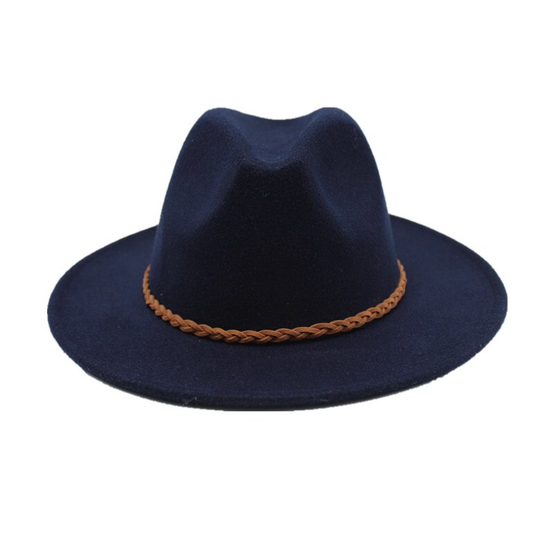 Seioum Wide Flat Brim wool felt Fedoras hats with Ribbon Band jazz trilby formal top hat panama cap Floppy Hat for men women: Navy