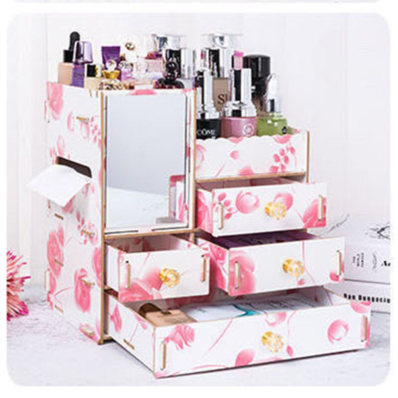 Organizador de maquillaje de madera con espejo, cajón de escritorio, organizador de cosméticos para mujer, tocador, lápiz labial, Perfume, caja de almacenamiento de joyería: Pink Rose