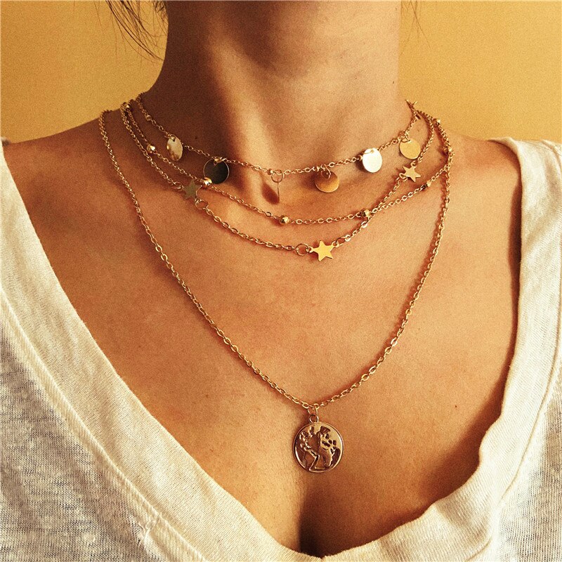 Bohemian Moon Pendant Multilayered Chain Necklace For Women Gold Map Coin Chain Choker Necklace Jewelry Party: CS50706